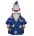 a cartoon wizard is wearing a blue robe with stars on it and a hat .