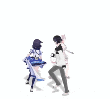 a group of anime characters are dancing and one of them has a blue dress on