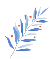 a leaf with blue leaves and red dots on it