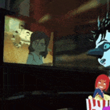 a cartoon character is sitting in front of a tv screen