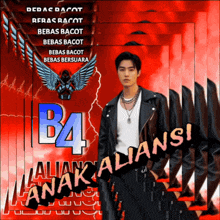 a man in a leather jacket is standing in front of a red background that says b4