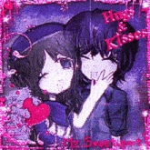 a picture of a boy and a girl with the words hug and kisses written above them