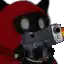 a cat in a red hoodie is holding a gun in front of its face .