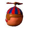 a pixel art of a clown with a red and blue hat on .