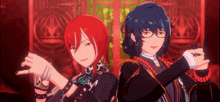 two anime characters with red hair and blue hair are standing next to each other in a room .