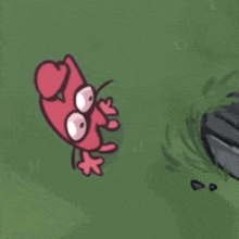 a cartoon of a red frog with big eyes standing on a grassy field