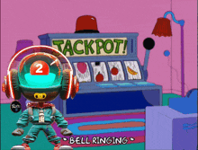 a cartoon character is standing in front of a jackpot machine