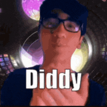 a man wearing glasses and a hat says diddy in front of a purple background .