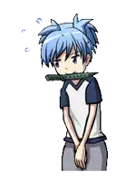 a pixel art of a boy with a pencil in his mouth
