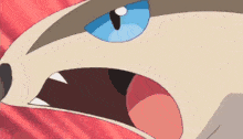 a close up of a cartoon character 's face with its mouth open and teeth showing .