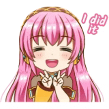 a cartoon girl with pink hair is giving a peace sign and smiling .
