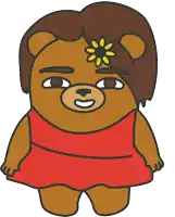 a cartoon bear wearing a red dress and a flower on its forehead