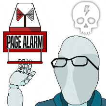 a pixel art drawing of a man with glasses holding a page alarm sign