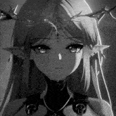 a black and white photo of a girl with long hair and a crown on her head