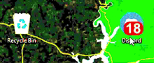 a map showing a recycle bin and a highway with the number 18