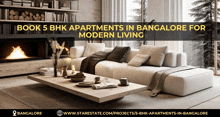 a living room with a couch and a fireplace with the words book 5 bhk apartments in bangalore for modern living