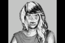 a black and white drawing of a woman 's face with long hair .