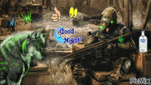 a soldier with a bottle of absolut vodka next to him and a wolf