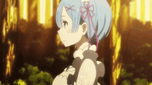 a close up of a girl with blue hair and a flower in her hair .
