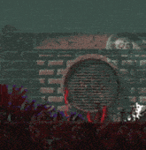 a pixel art drawing of a brick wall with a round window