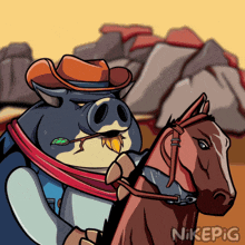 a cartoon of a pig wearing a cowboy hat riding a brown horse