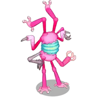 a cartoon drawing of a pink monster with a blue stripe on its chest