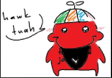 a drawing of a red monster with a hat that says hawk tuah on it