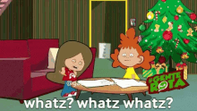 a cartoon of two girls sitting at a table with the words whatz whatz whatz on the bottom