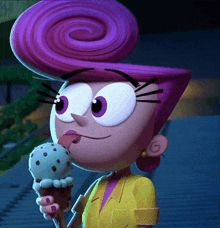 a cartoon character with purple hair is holding an ice cream cone and sticking her tongue out