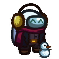 among us character wearing a scarf and ear muffs holding a small snowman