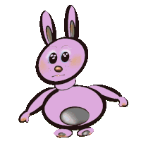 a cartoon drawing of a purple bunny with a gray belly