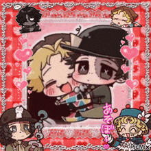 a cartoon of a man holding another man in his arms with hearts around them