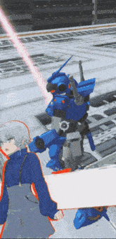 a girl standing next to a blue robot with a red light coming out of it