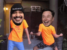 a man wearing a beanie that says multivers is dancing with another man
