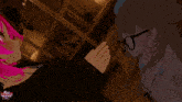 a girl with pink hair is standing next to a girl with brown hair and glasses