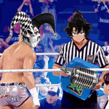 a wrestler wearing a skull mask stands in a ring with a referee