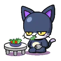 a cartoon cat is sitting next to a small table with a bowl of food on it