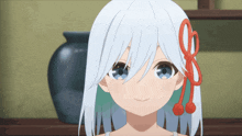 a girl with white hair has a red ribbon around her ear