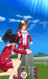 a girl in a red and white outfit is kneeling down next to another girl in a white and red outfit