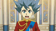 a cartoon character with blue hair is wearing a red and gold uniform with a blue ribbon around his neck .