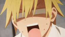 a close up of a yellow haired anime character with his mouth wide open