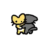 a cartoon drawing of a yellow cat holding a gray cat