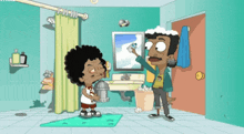 two cartoon characters are in a bathroom with a shower curtain that says ' j.w. ' on it
