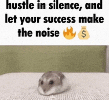 a hamster is sitting on a bed with the words `` hustle in silence and let your success make the noise '' .