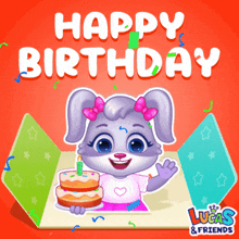 a birthday card with a bunny holding a cake and the words happy birthday