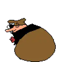 a pixel art of a cartoon character with a hat and sunglasses .