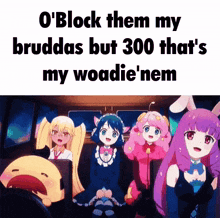 a group of anime girls are sitting in a car with the caption o block them