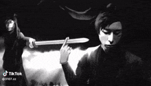 a black and white drawing of a man holding a sword in his hand .