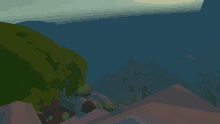a computer generated image of a landscape with trees and rocks in the foreground