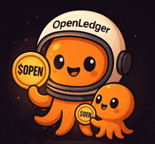 an octopus holding a coin that says open